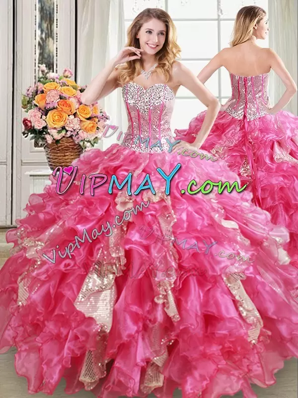 Luxurious Organza Sweetheart Sleeveless Lace Up Beading and Ruffles and Sequins Sweet 16 Dress in Hot Pink