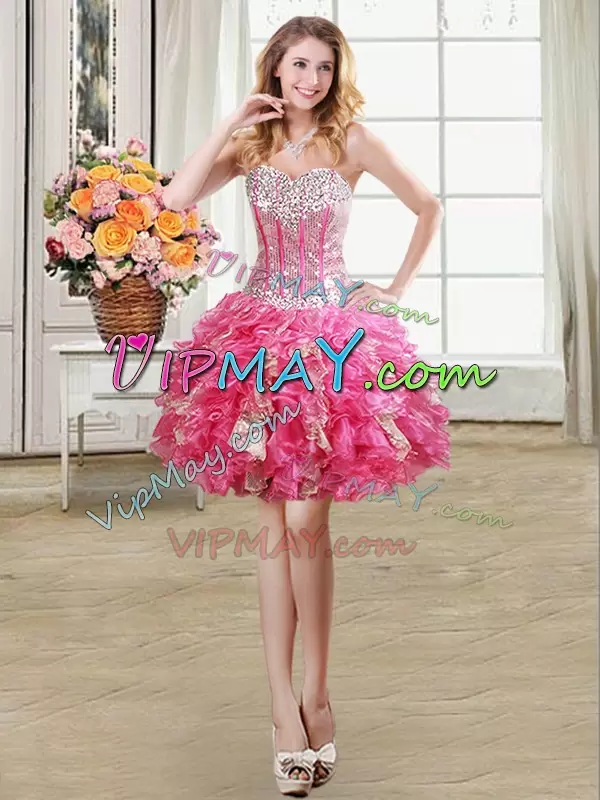 Luxurious Organza Sweetheart Sleeveless Lace Up Beading and Ruffles and Sequins Sweet 16 Dress in Hot Pink