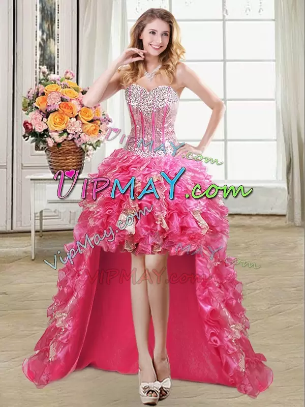 Luxurious Organza Sweetheart Sleeveless Lace Up Beading and Ruffles and Sequins Sweet 16 Dress in Hot Pink