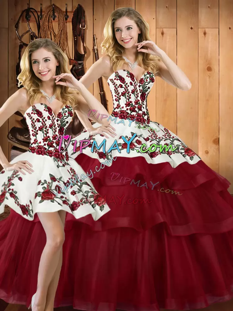 Wine Red Sleeveless Organza Sweep Train Lace Up Ball Gown Prom Dress for Military Ball and Sweet 16 and Quinceanera