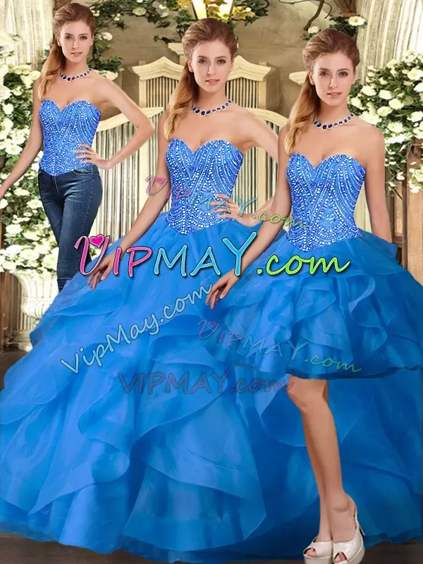 Dramatic Blue Sweetheart Lace Up Beading and Ruffles Quinceanera Dresses Sleeveless