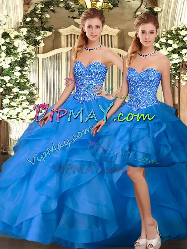 Dramatic Blue Sweetheart Lace Up Beading and Ruffles Quinceanera Dresses Sleeveless