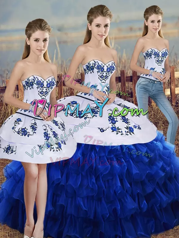 Sleeveless Floor Length Embroidery and Ruffled Layers and Bowknot Lace Up Quinceanera Gown with Royal Blue
