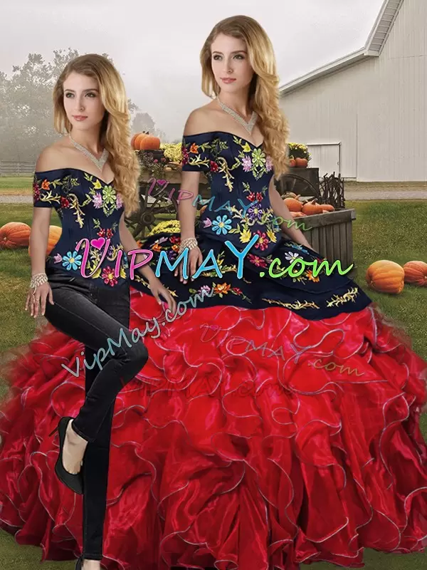 Two Pieces Sweet 16 Dress Red And Black Off The Shoulder Organza Sleeveless Floor Length Lace Up