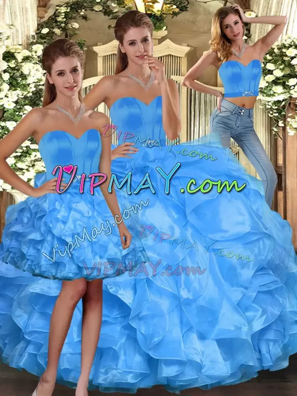 Baby Blue Ball Gowns Sweetheart Sleeveless Organza Floor Length Lace Up Ruffles Sweet 16 Dresses