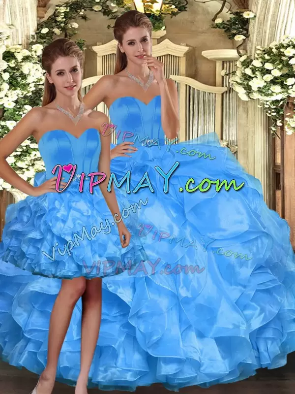 Baby Blue Ball Gowns Sweetheart Sleeveless Organza Floor Length Lace Up Ruffles Sweet 16 Dresses