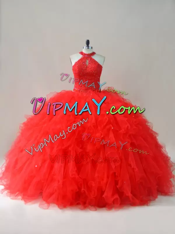 Halter Top Sleeveless Lace Up Quinceanera Gown Red Tulle Beading and Ruffles
