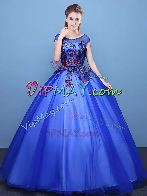 Royal Blue Tulle Lace Up Scoop Cap Sleeves Floor Length Quinceanera Dresses Appliques