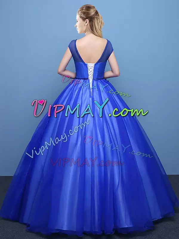 Royal Blue Tulle Lace Up Scoop Cap Sleeves Floor Length Quinceanera Dresses Appliques