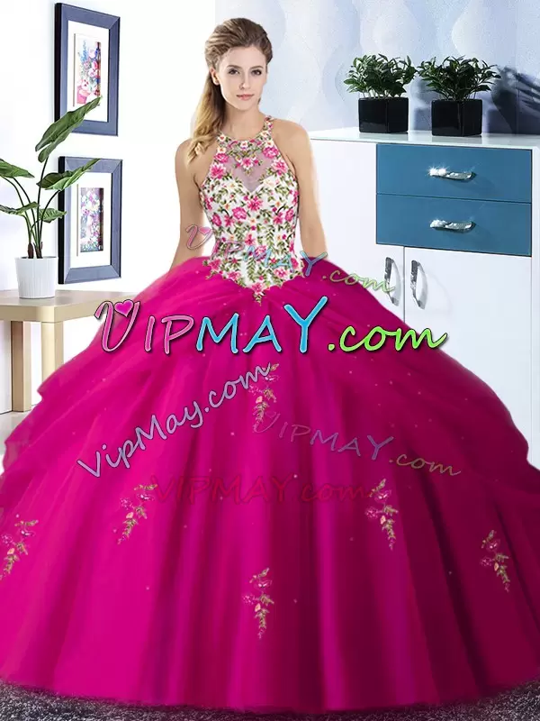 Dazzling Tulle Halter Top Sleeveless Lace Up Embroidery and Pick Ups Vestidos de Quinceanera in Fuchsia