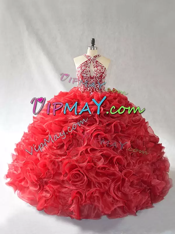 Red Ball Gowns Organza Halter Top Sleeveless Beading and Ruffles Lace Up Quinceanera Dress Brush Train