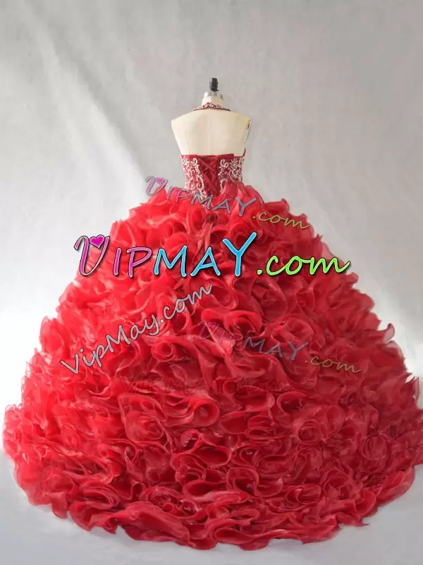 Red Ball Gowns Organza Halter Top Sleeveless Beading and Ruffles Lace Up Quinceanera Dress Brush Train