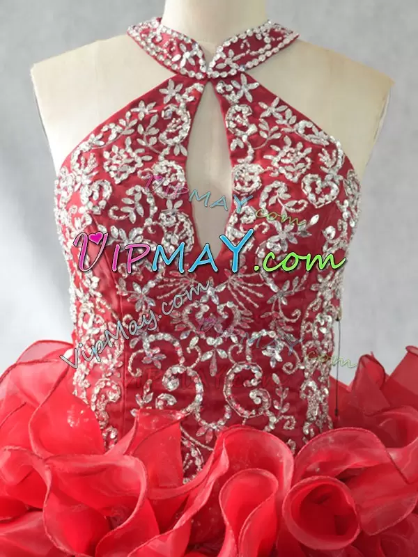 Red Ball Gowns Organza Halter Top Sleeveless Beading and Ruffles Lace Up Quinceanera Dress Brush Train