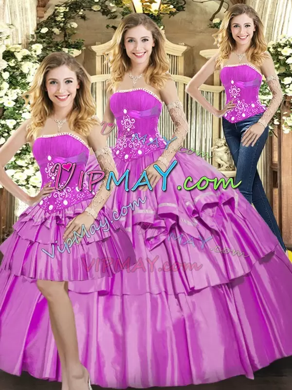 Flare Lilac Lace Up Sweet 16 Quinceanera Dress Beading and Ruffled Layers Sleeveless Floor Length