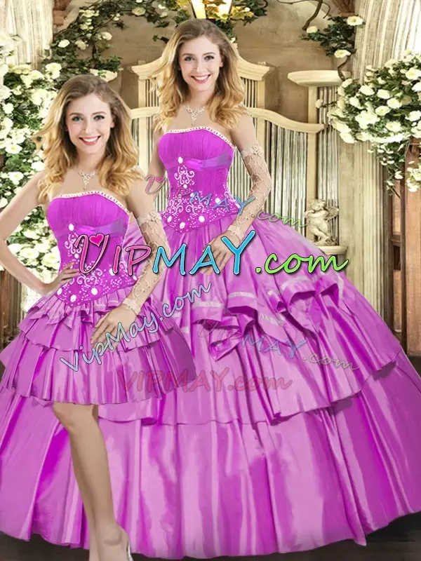 Flare Lilac Lace Up Sweet 16 Quinceanera Dress Beading and Ruffled Layers Sleeveless Floor Length