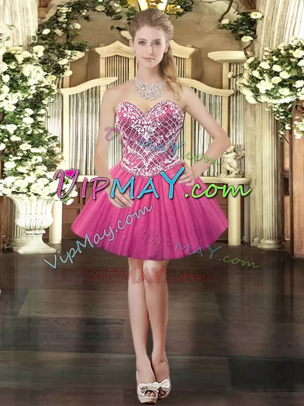 Sweetheart Sleeveless Quinceanera Dress Floor Length Beading Hot Pink Tulle