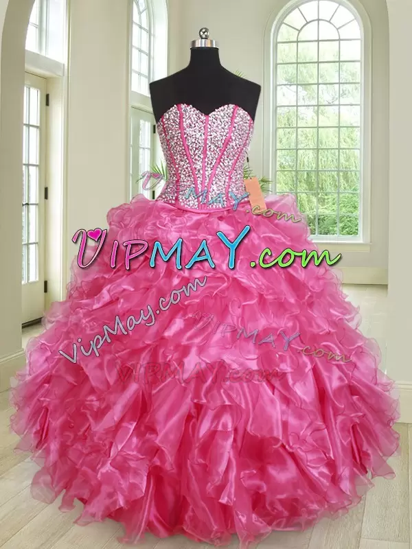 Best Floor Length Ball Gowns Sleeveless Hot Pink Vestidos de Quinceanera Lace Up