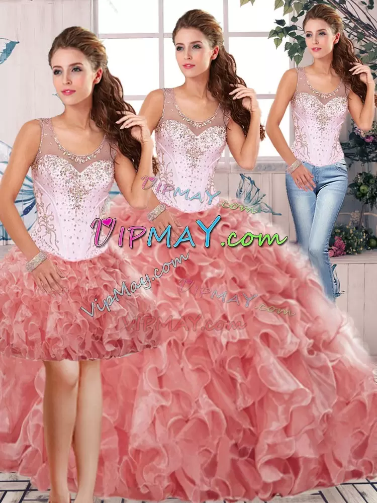 Shining Watermelon Red Sleeveless Beading and Ruffles Floor Length 15 Quinceanera Dress