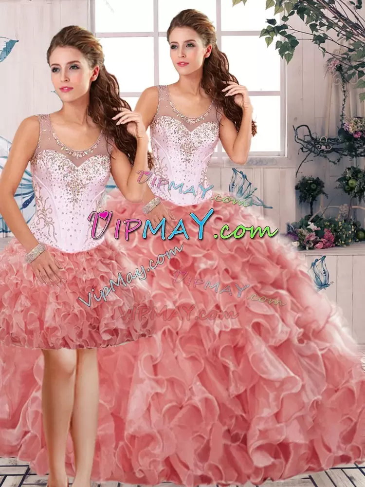 Shining Watermelon Red Sleeveless Beading and Ruffles Floor Length 15 Quinceanera Dress