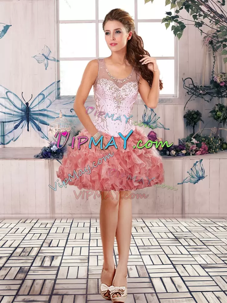 Shining Watermelon Red Sleeveless Beading and Ruffles Floor Length 15 Quinceanera Dress