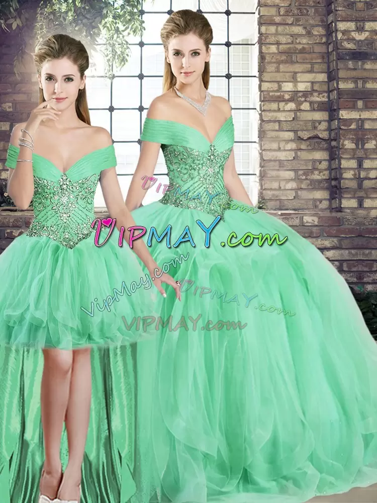 High Class Apple Green Sweet 16 Dresses Military Ball and Sweet 16 and Quinceanera with Beading and Ruffles Off The Shoulder Sleeveless Lace Up