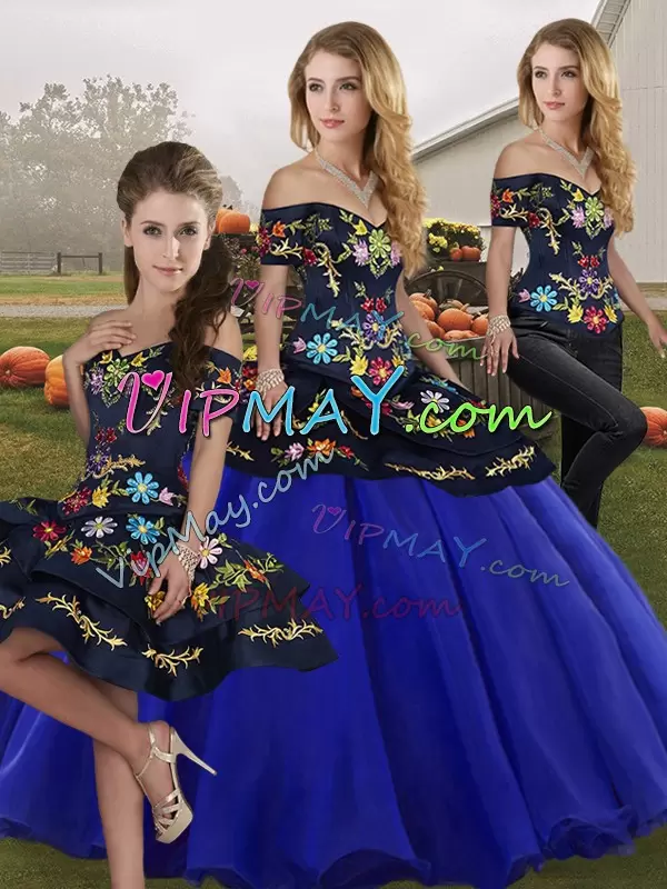 Exceptional Royal Blue Off The Shoulder Neckline Embroidery Sweet 16 Quinceanera Dress Sleeveless Lace Up