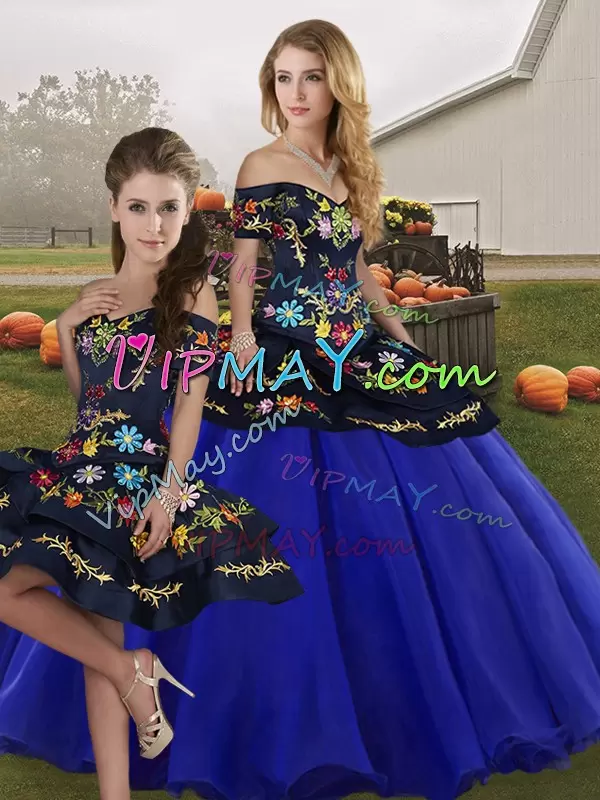 Exceptional Royal Blue Off The Shoulder Neckline Embroidery Sweet 16 Quinceanera Dress Sleeveless Lace Up