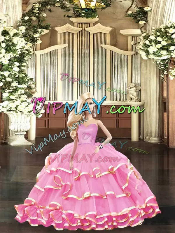 Discount Ball Gowns Quinceanera Gown Rose Pink Sweetheart Organza Sleeveless Floor Length Lace Up