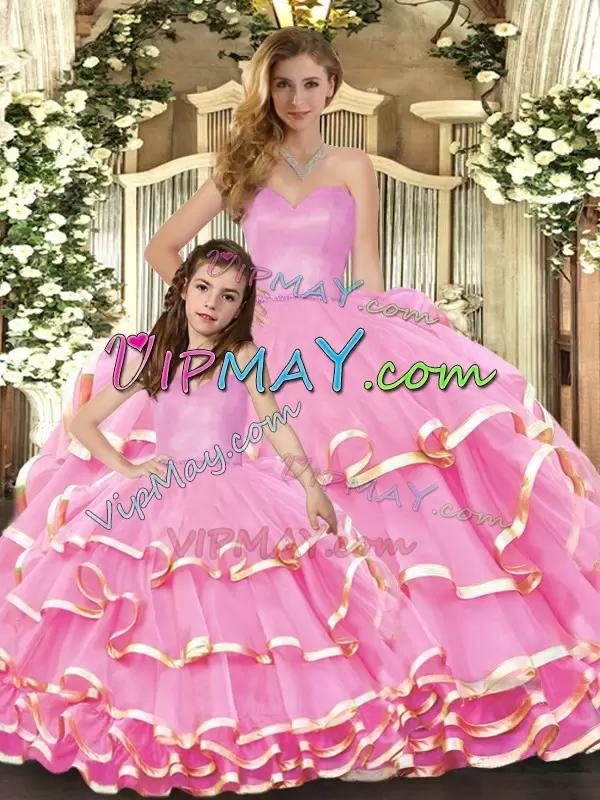 Discount Ball Gowns Quinceanera Gown Rose Pink Sweetheart Organza Sleeveless Floor Length Lace Up