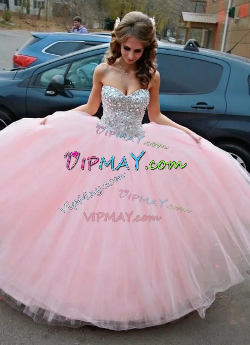 Elegant Baby Pink Sweetheart Quinceanera Gown Floor Length Beaded Bodice Tulle Bottom