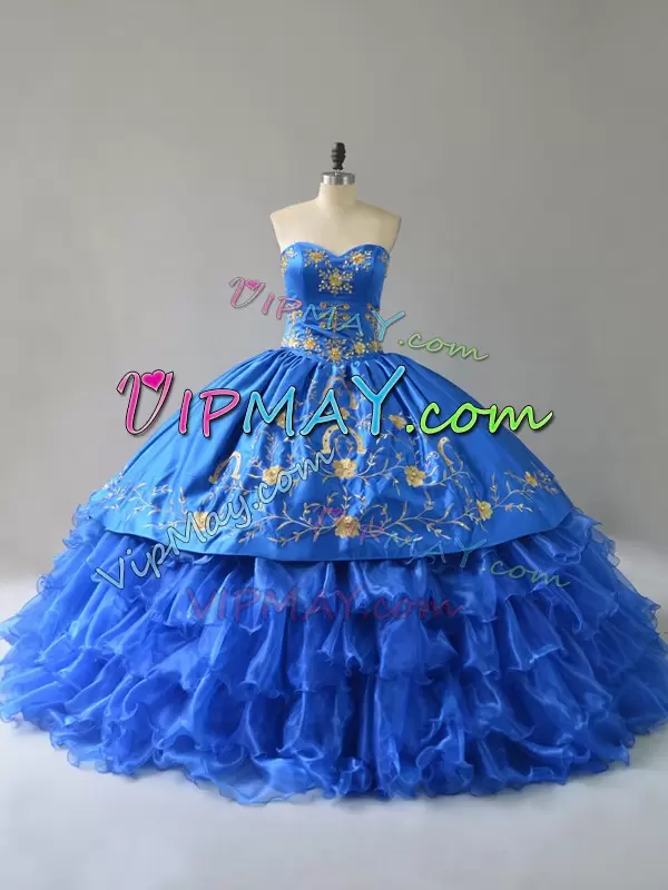 Eye-catching Sleeveless Satin Floor Length Lace Up Quinceanera Gown in Royal Blue with Embroidery and Ruffles