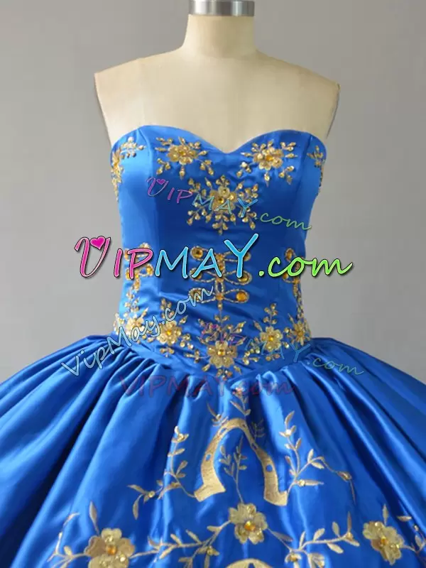 Eye-catching Sleeveless Satin Floor Length Lace Up Quinceanera Gown in Royal Blue with Embroidery and Ruffles