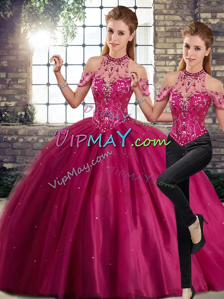 Dazzling Beading Quinceanera Dress Fuchsia Lace Up Sleeveless Brush Train