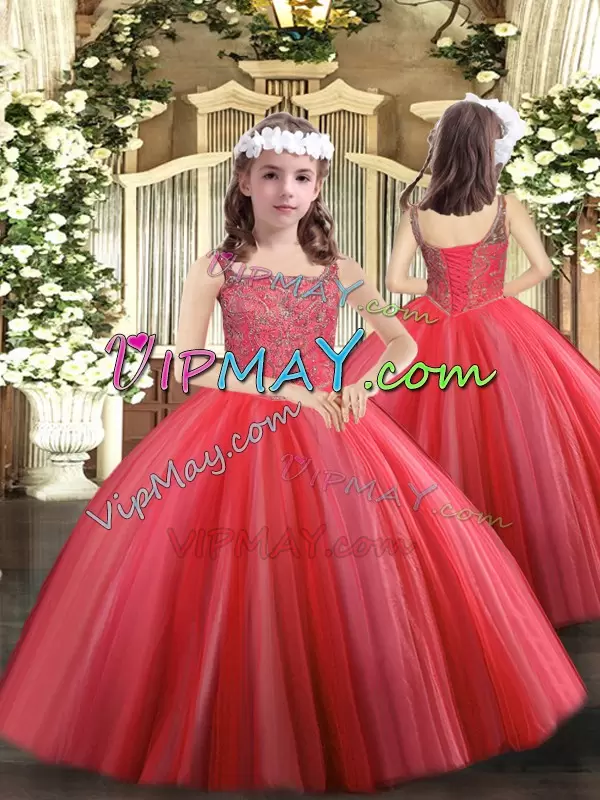 Dazzling Coral Red Ball Gowns Straps Sleeveless Tulle Floor Length Lace Up Beading Sweet 16 Quinceanera Dress