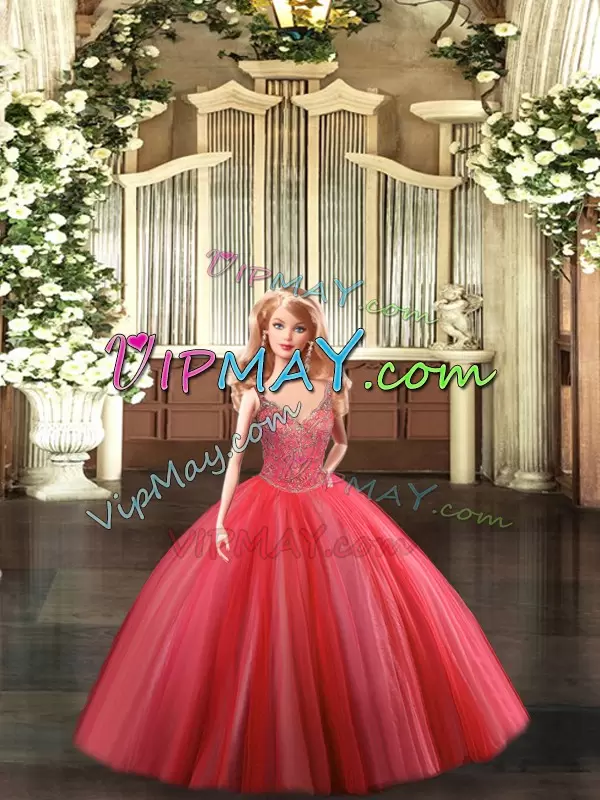 Dazzling Coral Red Ball Gowns Straps Sleeveless Tulle Floor Length Lace Up Beading Sweet 16 Quinceanera Dress