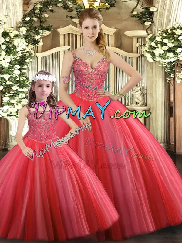 Dazzling Coral Red Ball Gowns Straps Sleeveless Tulle Floor Length Lace Up Beading Sweet 16 Quinceanera Dress