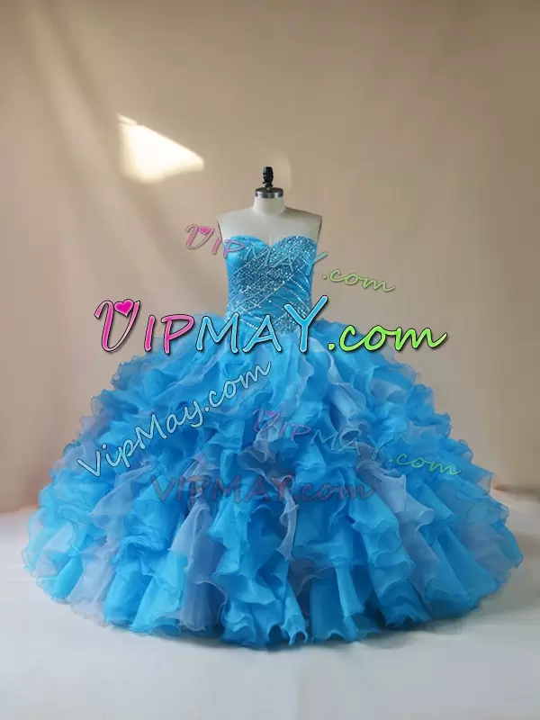 Custom Designed Sweetheart Sleeveless Sweet 16 Dress Floor Length Beading and Ruffles Baby Blue Organza