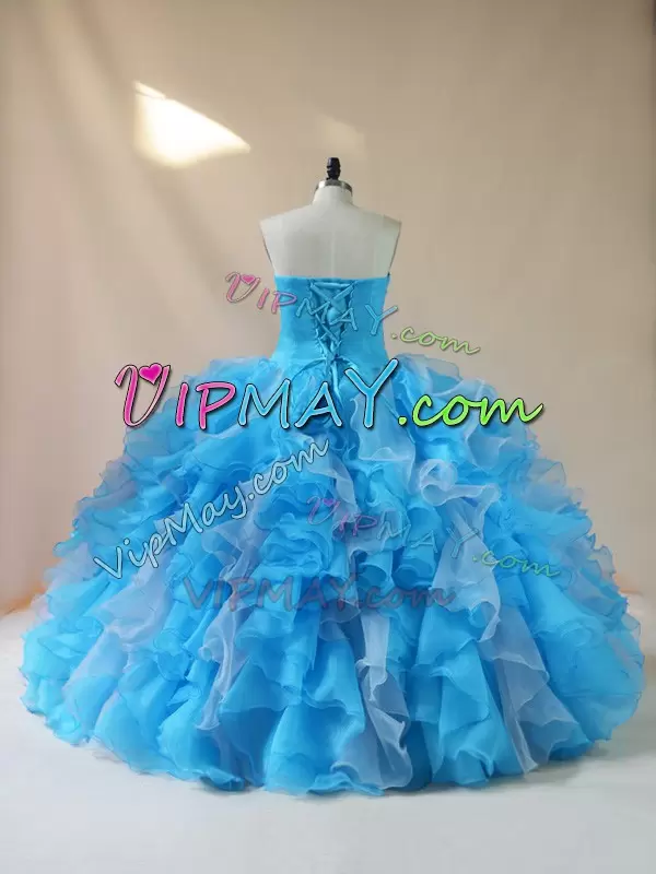 Custom Designed Sweetheart Sleeveless Sweet 16 Dress Floor Length Beading and Ruffles Baby Blue Organza