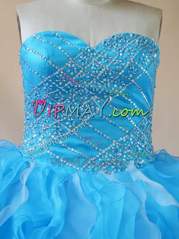 Custom Designed Sweetheart Sleeveless Sweet 16 Dress Floor Length Beading and Ruffles Baby Blue Organza