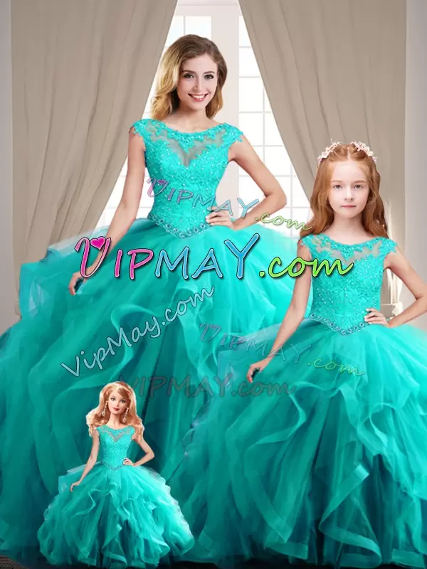 Cap Sleeves Lace Up Quinceanera Gowns in Aqua Blue with Beading