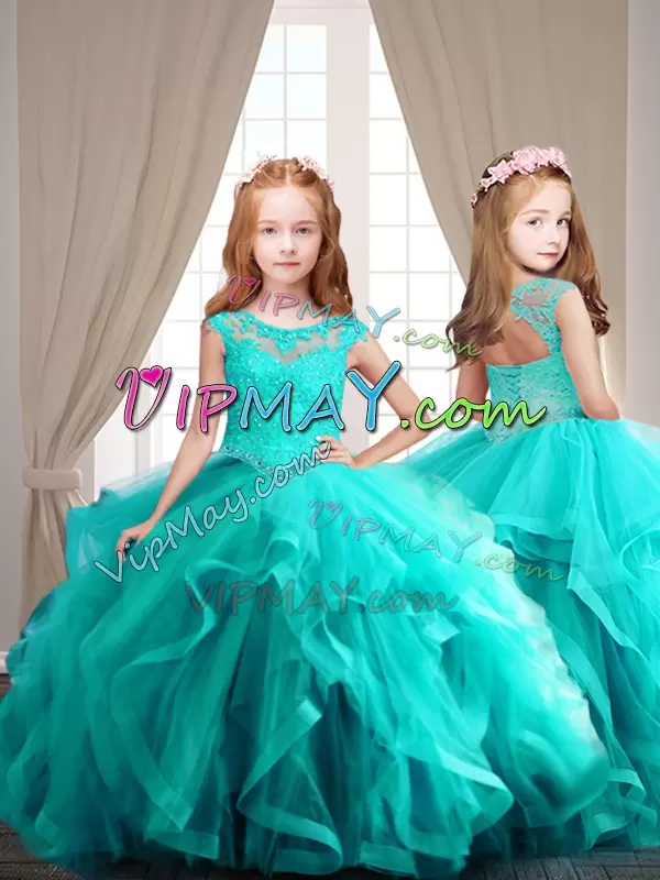 Cap Sleeves Lace Up Quinceanera Gowns in Aqua Blue with Beading