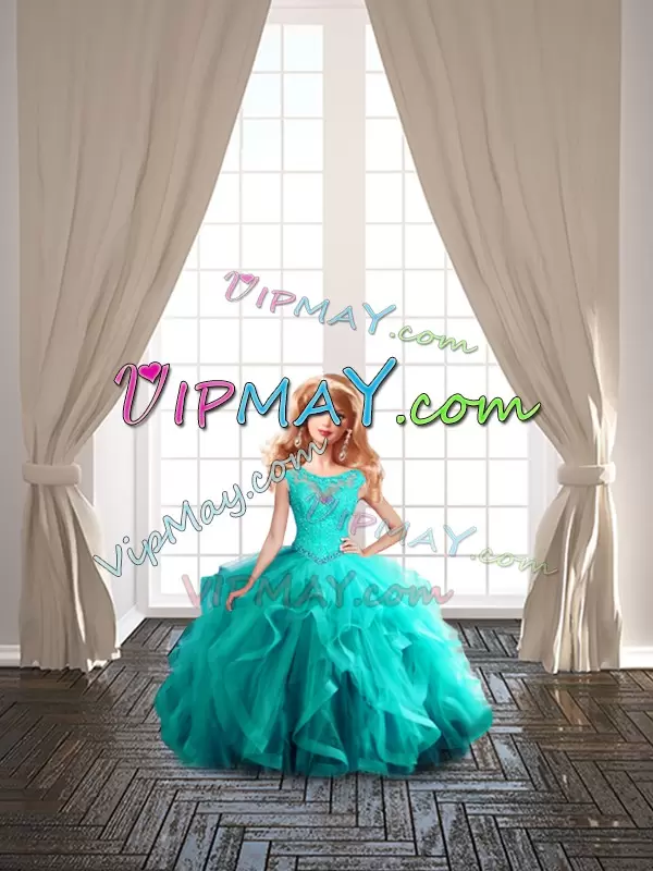 Cap Sleeves Lace Up Quinceanera Gowns in Aqua Blue with Beading