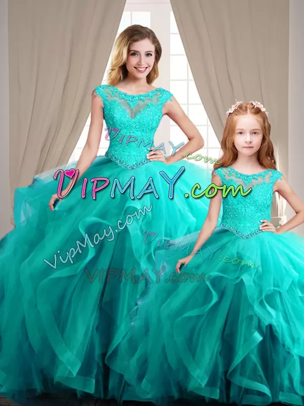 Cap Sleeves Lace Up Quinceanera Gowns in Aqua Blue with Beading