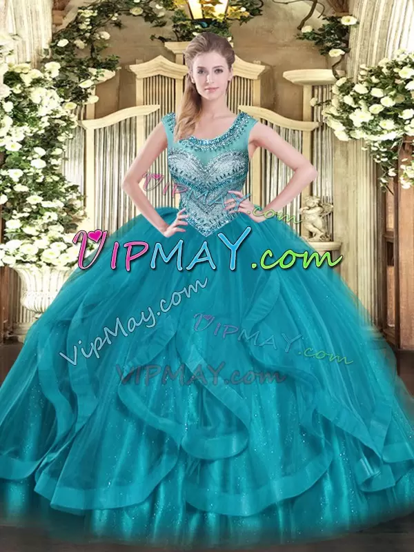 Fancy Teal Tulle Lace Up Scoop Sleeveless Floor Length Quinceanera Dresses Beading and Ruffles