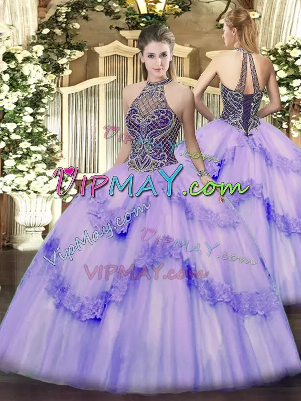 Perfect Lavender Lace Up Quinceanera Gowns Beading and Appliques Sleeveless Floor Length