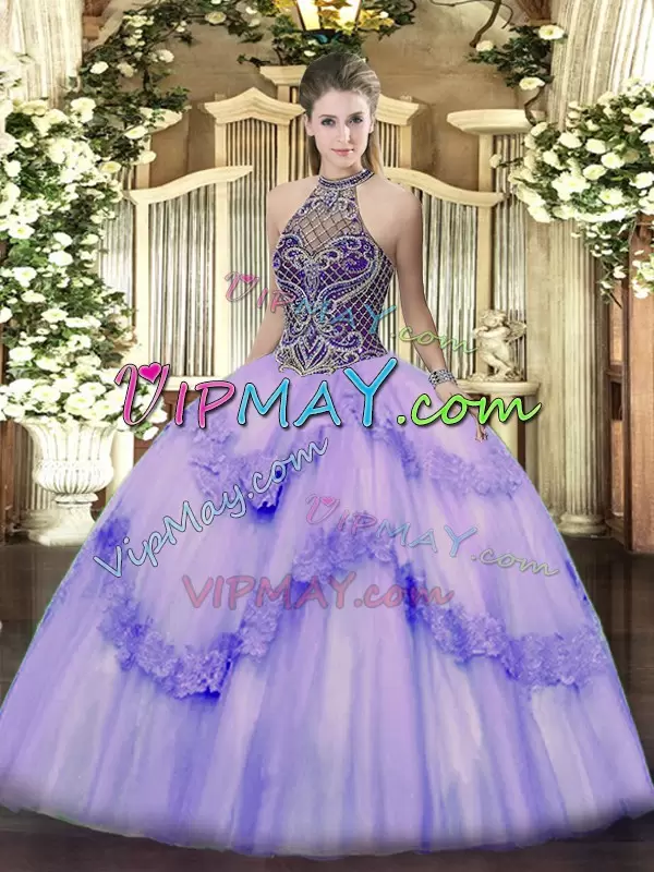 Perfect Lavender Lace Up Quinceanera Gowns Beading and Appliques Sleeveless Floor Length