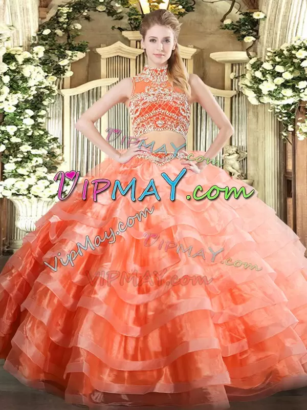 Edgy Tulle High-neck Sleeveless Backless Beading and Ruffled Layers Sweet 16 Quinceanera Dress in Orange Red