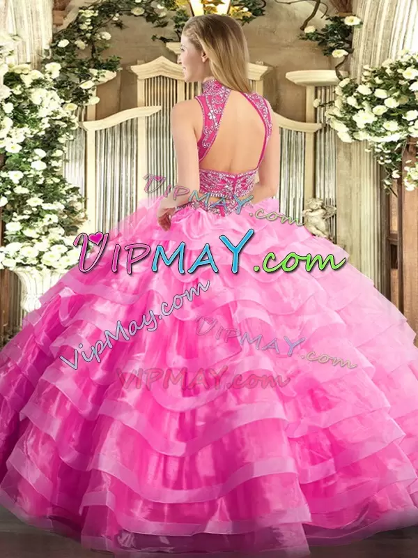 Edgy Tulle High-neck Sleeveless Backless Beading and Ruffled Layers Sweet 16 Quinceanera Dress in Orange Red