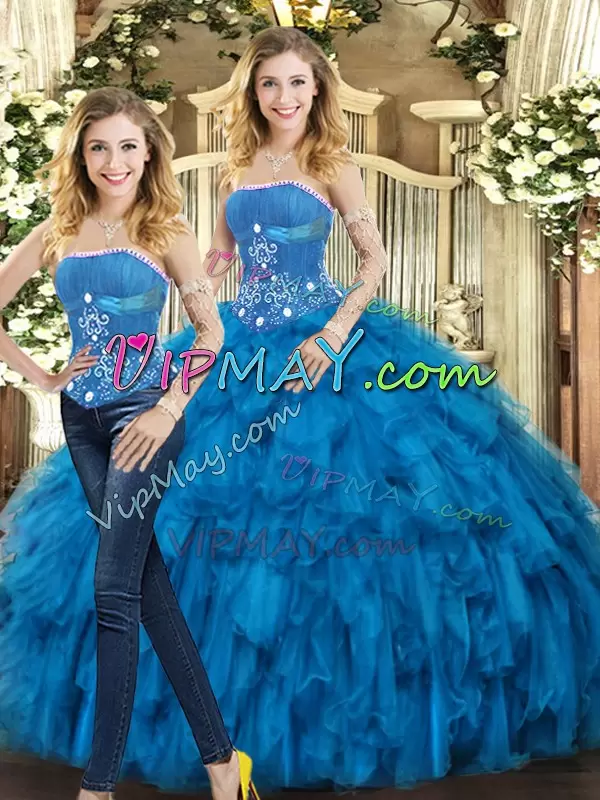 Floor Length Lace Up Quinceanera Dresses Blue for Sweet 16 and Quinceanera with Beading and Ruffles