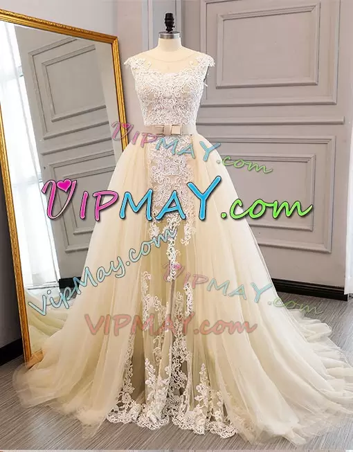 Luxury Cap Sleeves Floor Length Appliques Zipper Quinceanera Dress with Champagne Court Train